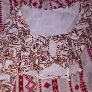 Shein Women's Marble Print Long Sleeve Crop Tee Top Tie Front Ruched Drawstring